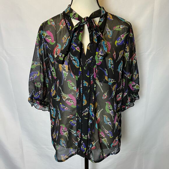 Uttam Boutique Sheer Blouse Size Medium Colorful Bird Tie Neck Button Down - Picture 1 of 15